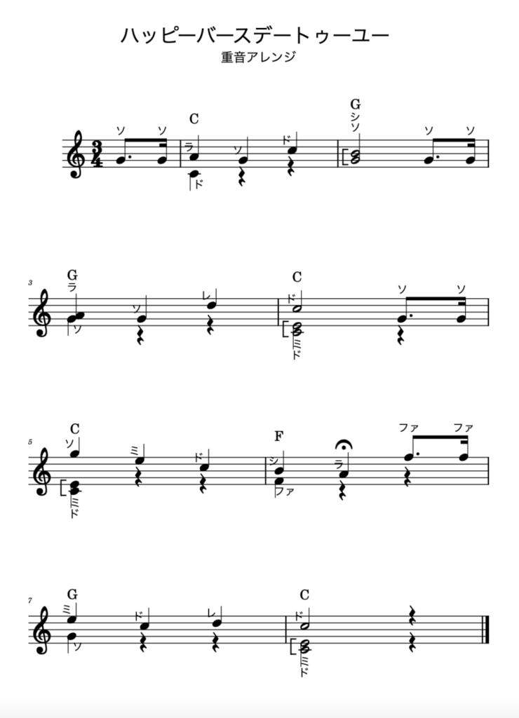 ハッピーバースデー重音アレンジの楽譜